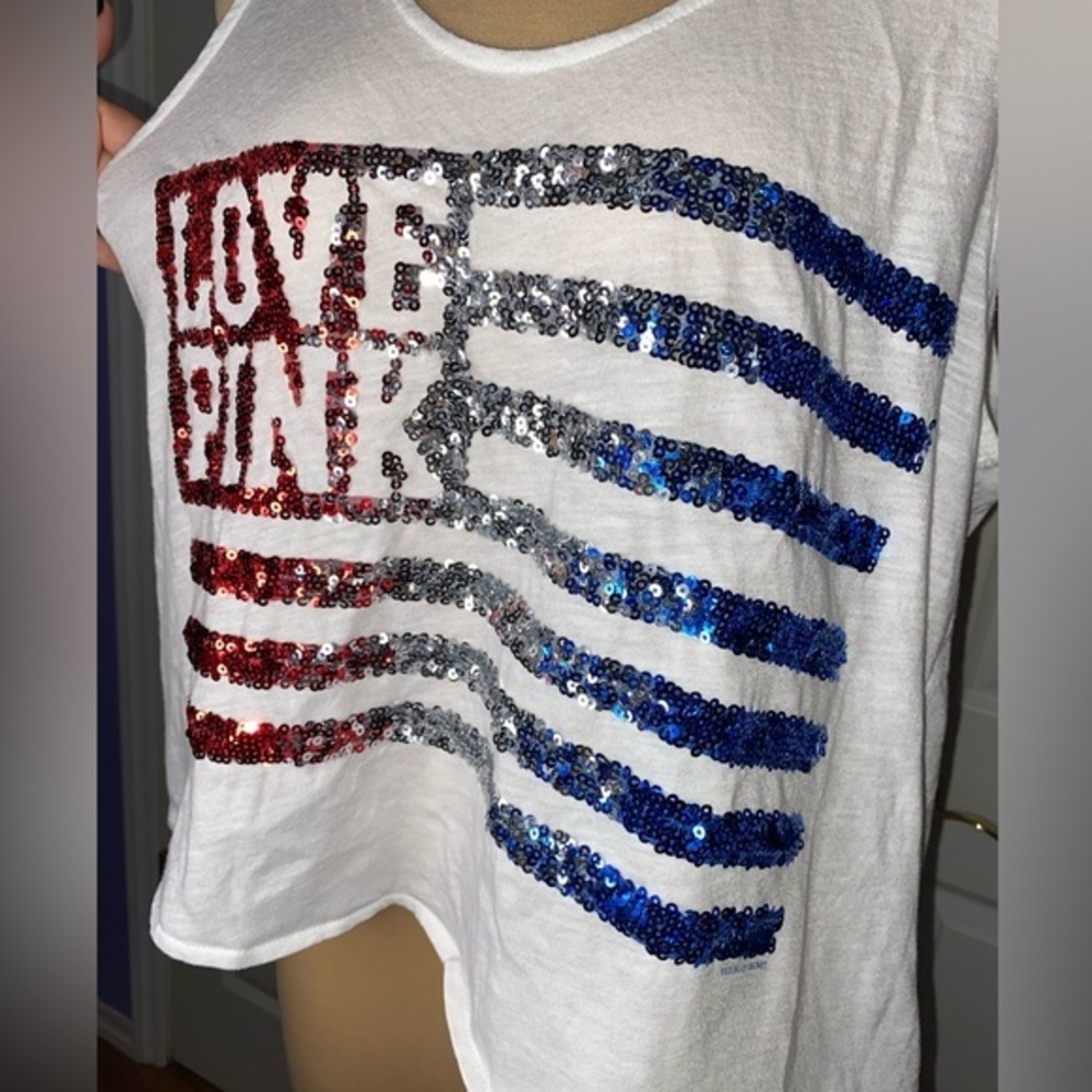 PINK Victoria's Secret White Tank with Red, Silver & Blue Sequin Flag